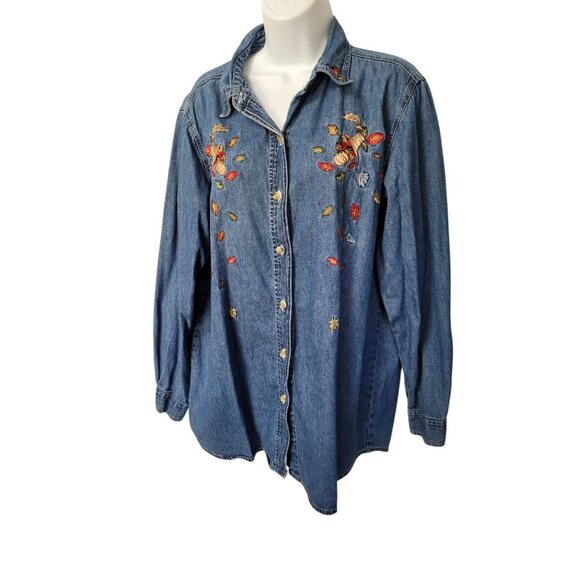 Bobbie Brooks Woman Size 14/16 Chambray Fall Embroidered Long Sleeve Blouse - Picture 4 of 10